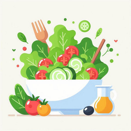 Vegetable salad in a bowl. Vector illustration in flat style.のイラスト素材