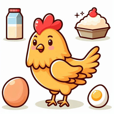 Chicken with egg and milk. Vector illustration of a cartoon chicken.のイラスト素材