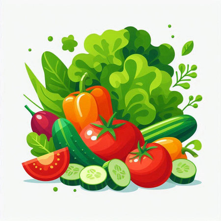 Vegetables vector illustration. Cucumber, tomato, pepper, lettuce, cucumber, parsley. Healthy food concept.のイラスト素材