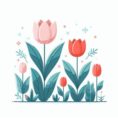 Vector illustration of pink tulips with green leaves on white background.のイラスト素材