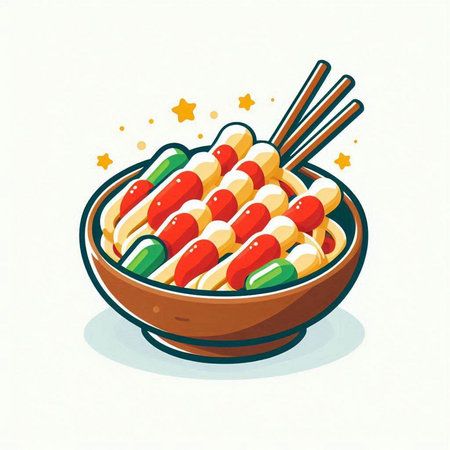 Sausage in a bowl with chopsticks. Vector illustration.のイラスト素材