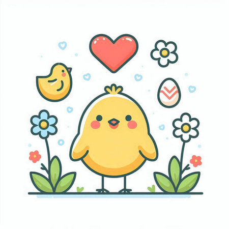 Cute little chick with flowers, hearts and birds. Vector illustration.のイラスト素材