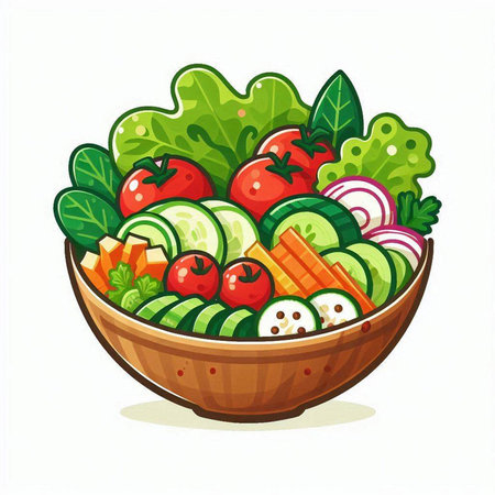 Fresh vegetable salad in wooden bowl isolated on white background. Vector illustration.のイラスト素材