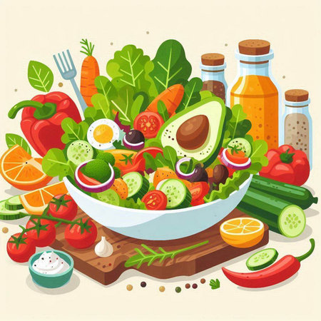 Healthy salad with vegetables and fruits. Vector illustration in cartoon style.のイラスト素材