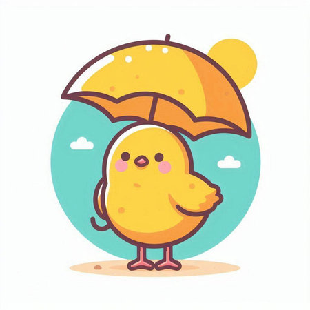 Cute little chicken under an umbrella. Vector illustration in cartoon style.のイラスト素材