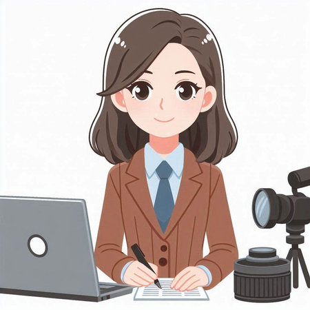 Illustration of a businesswoman working on a laptop and writing notesのイラスト素材