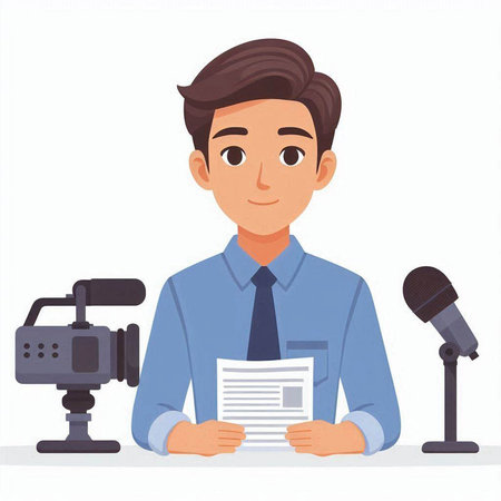 Journalist with microphone and newspaper. Vector illustration in cartoon style.のイラスト素材