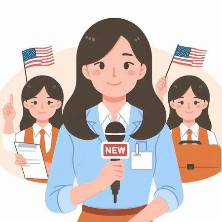 Female journalist with microphone and news. Vector illustration in cartoon style.のイラスト素材