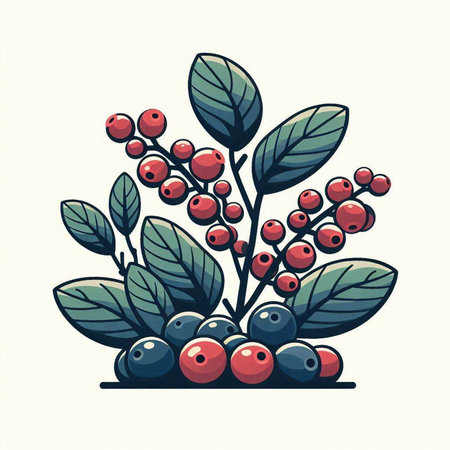 Vector illustration of a bunch of berries with green leaves and red berriesのイラスト素材