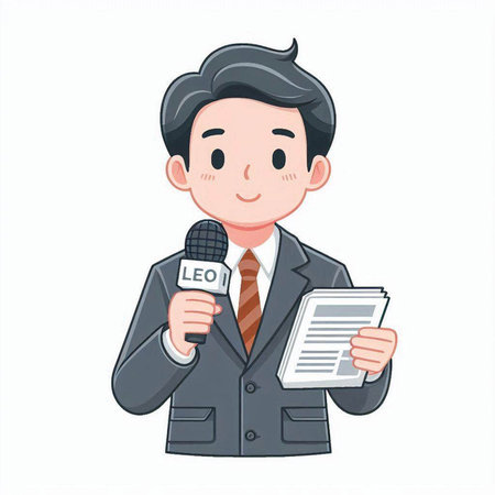 Illustration of a male reporter holding a microphone and a report.のイラスト素材