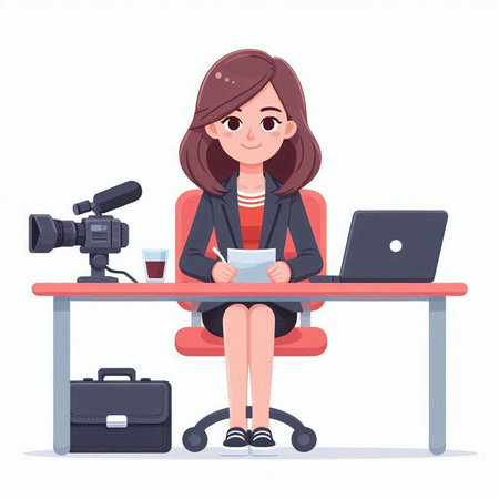 Businesswoman sitting at desk with laptop and drinking coffee. Vector illustrationのイラスト素材