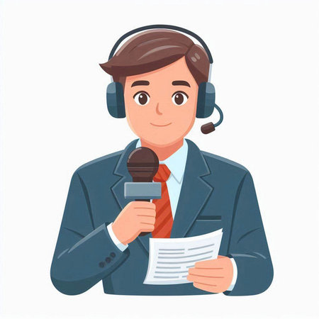 Journalist in a suit with a microphone and a newspaper. Vector illustrationのイラスト素材