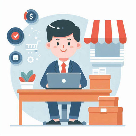 Businessman using laptop for online shopping. Vector illustration in cartoon style.のイラスト素材