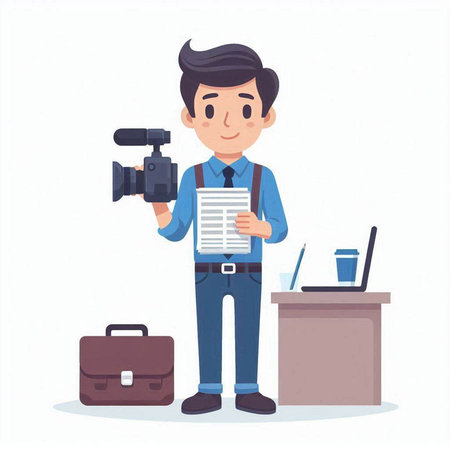 Journalist with camera, laptop and documents. Vector illustration in flat style.のイラスト素材