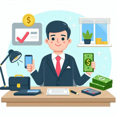 Businessman working with money in office. Vector illustration in cartoon styleのイラスト素材