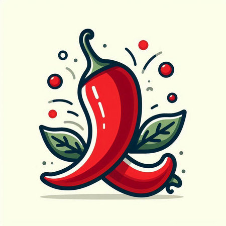 Red hot chili pepper with leaves and splashes. Vector illustration.のイラスト素材