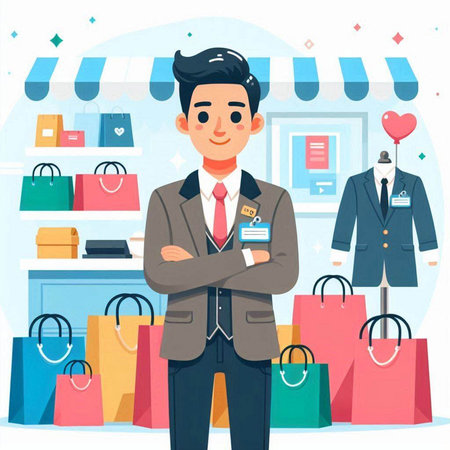 Shopping man with credit card and bags in shop. Cartoon vector illustration.のイラスト素材