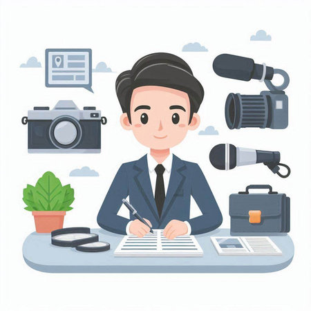 Journalist with camera and documents. Vector illustration in a flat style.のイラスト素材
