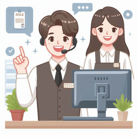 Call center, customer service, man and woman, vector illustration.のイラスト素材