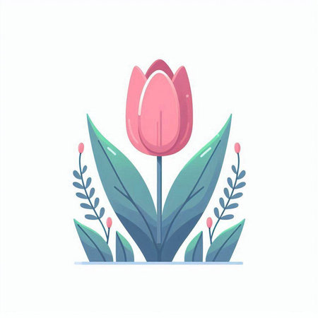 Tulip flower with leaves. Vector illustration in flat style.のイラスト素材