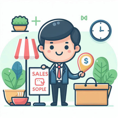 Businessman holding sale sign. Vector illustration in flat cartoon style.のイラスト素材
