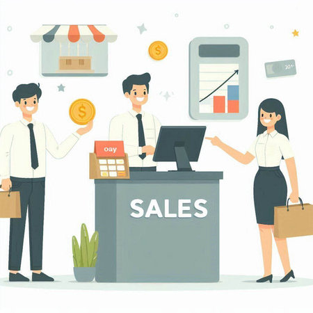 Sales concept. Vector illustration in flat cartoon style. Business people in the office.のイラスト素材