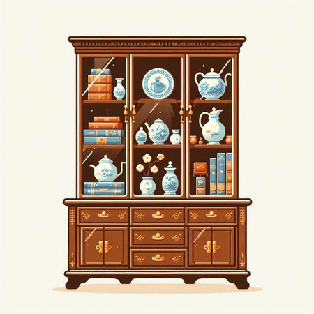Vintage cupboard with books and vases. Vector illustration.のイラスト素材