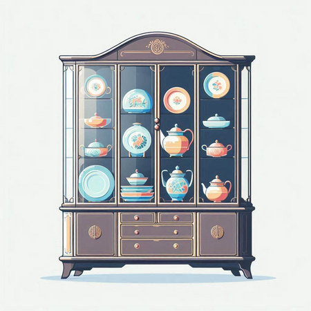 Vintage cupboard with porcelain dishes. Vector illustration.のイラスト素材
