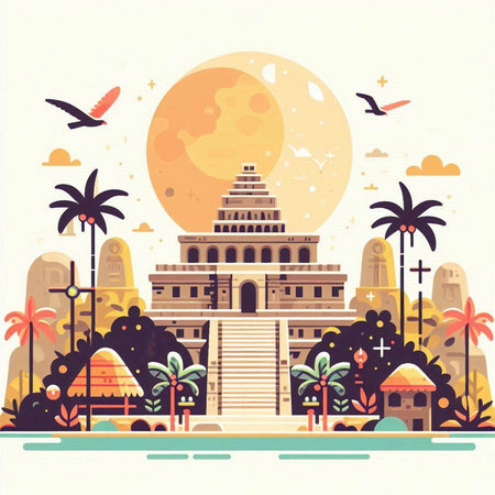 Ancient temple on the island of Sri Lanka with palm trees. Vector illustration.のイラスト素材