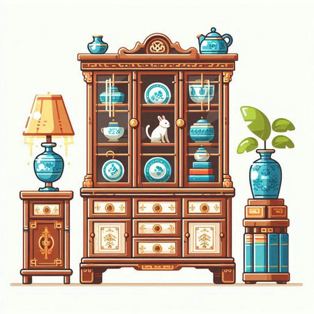 Cabinet with books, lamps and plants. Vector illustration.のイラスト素材