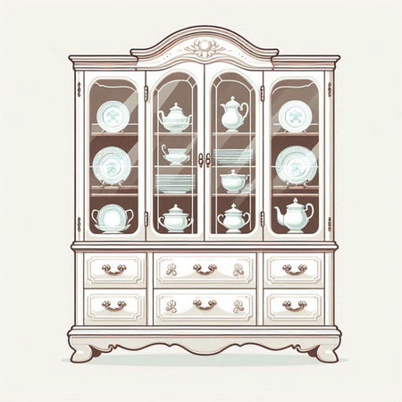 Vintage cupboard with dishes and crockery. Vector illustration.のイラスト素材