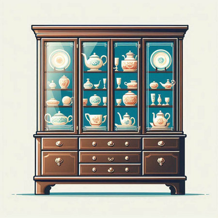 Vintage style cupboard with dishes and saucers. Vector illustration.のイラスト素材