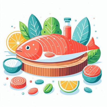 Vector illustration of fresh salmon fish with ingredients for cooking. Healthy food concept.のイラスト素材