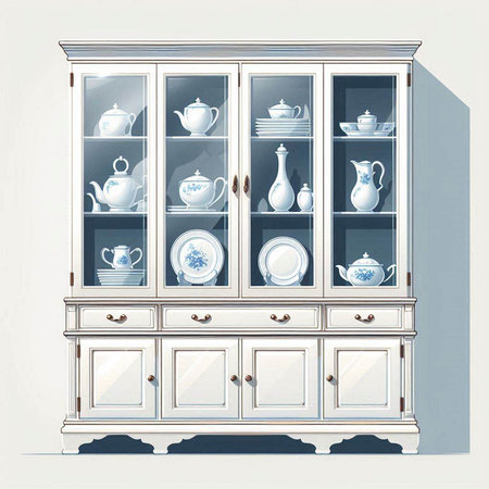 Cabinet with dishes and saucers. Vector illustration.のイラスト素材