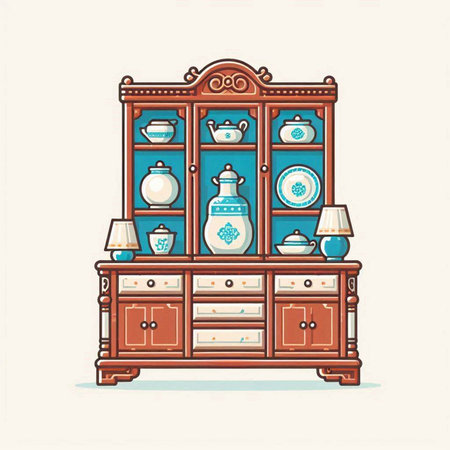 Vintage cupboard with porcelain dishes. Vector illustration.のイラスト素材