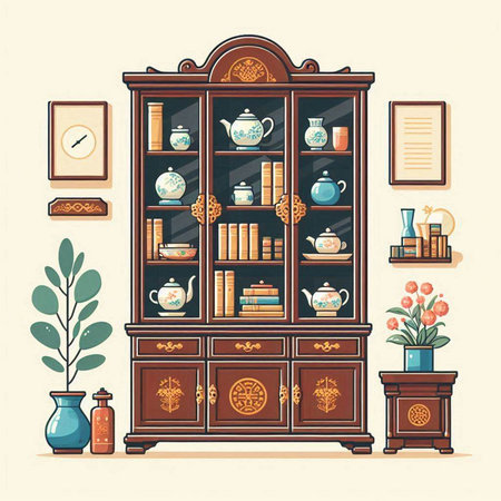 Vintage bookcase with books and cups. Vector illustration in retro style.のイラスト素材