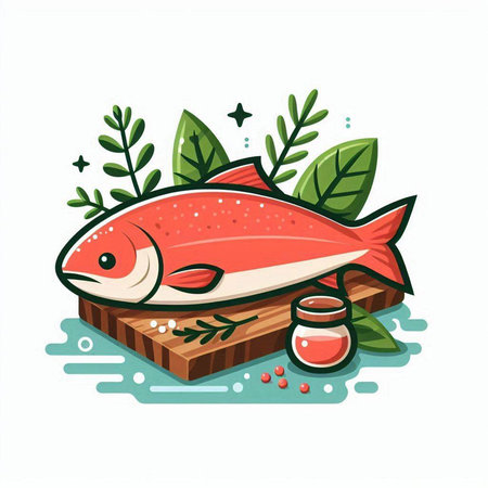 Fresh red fish on wooden cutting board. Vector illustration in cartoon style.のイラスト素材