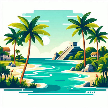Tropical beach with palm trees. Vector illustration in flat styleのイラスト素材