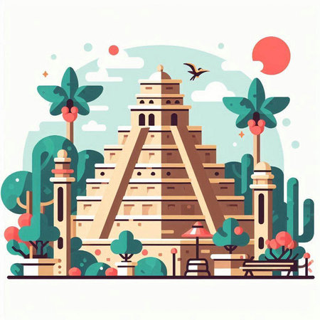 Ancient Mayan temple. Vector illustration in flat style. Colorful background.のイラスト素材