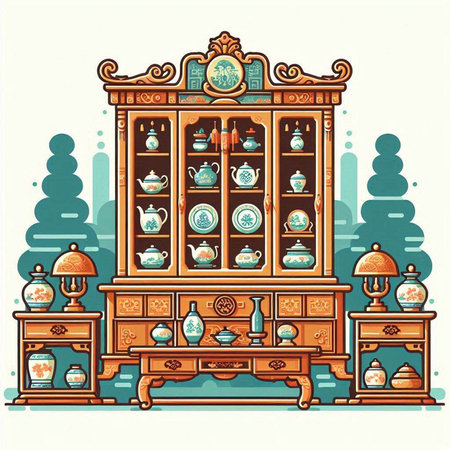 Vintage cabinet with dishes and cups. Vector illustration in retro style.のイラスト素材