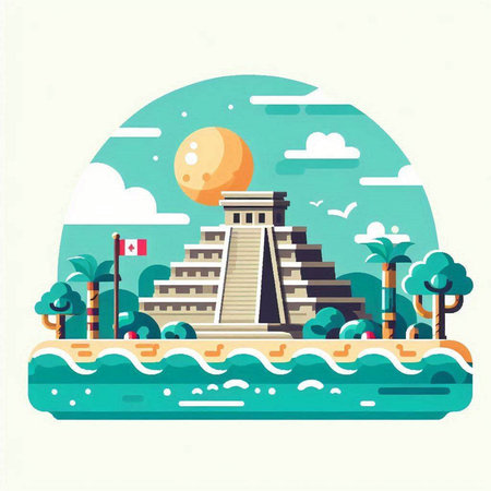 Mayan pyramid on the beach. Vector illustration in flat style.のイラスト素材