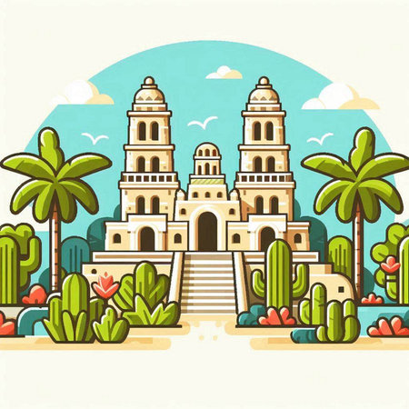 Hindu temple with palm trees and cactuses. Vector illustrationのイラスト素材