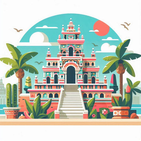 Hindu temple on the beach in flat style. Vector illustration.のイラスト素材