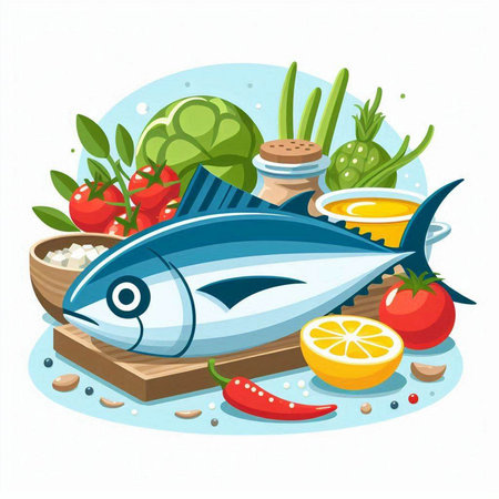 Fish and vegetables. Sea food. Vector illustration in flat style.のイラスト素材