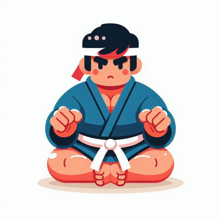 Taekwondo boy in kimono sitting on the ground. Vector illustration.のイラスト素材