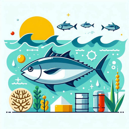 Vector illustration of a tuna fish on the background of the sea.のイラスト素材
