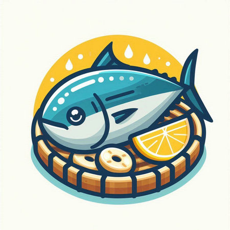 Illustration of a tuna fish with lemon slice and bread on a plateのイラスト素材