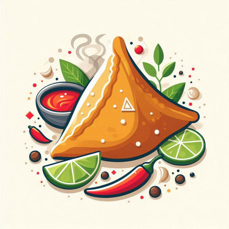 Illustration of a samosas with lime, chili pepper and sauceのイラスト素材