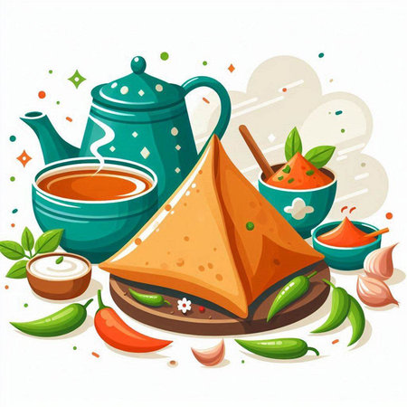 Vector illustration of traditional indian dumplings and hot tea.のイラスト素材