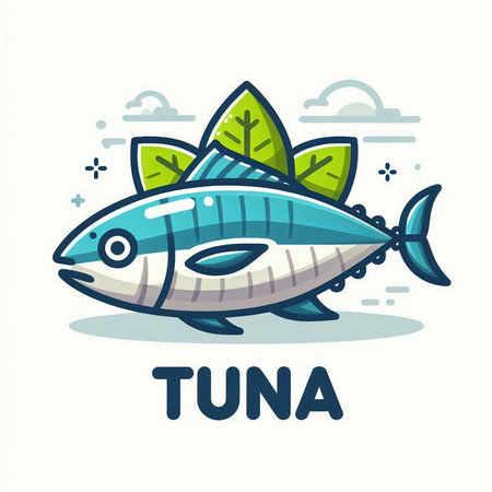 Tuna fish with leaves. Vector illustration in flat linear style.のイラスト素材